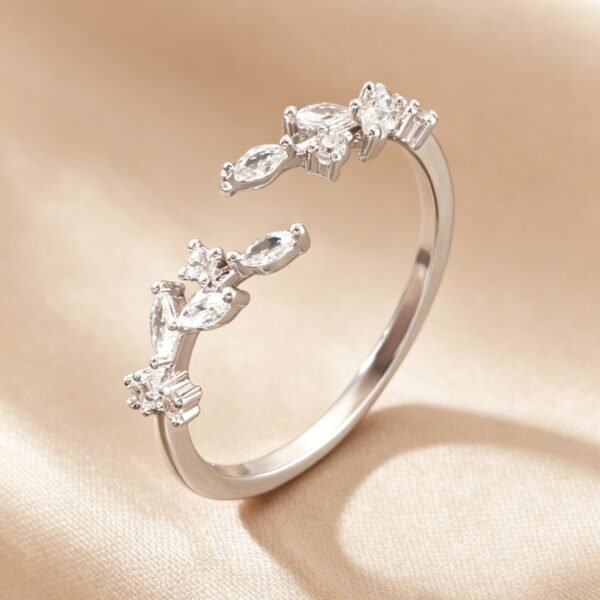 Silvery Leaf-Shaped Adjustable Ring for Women